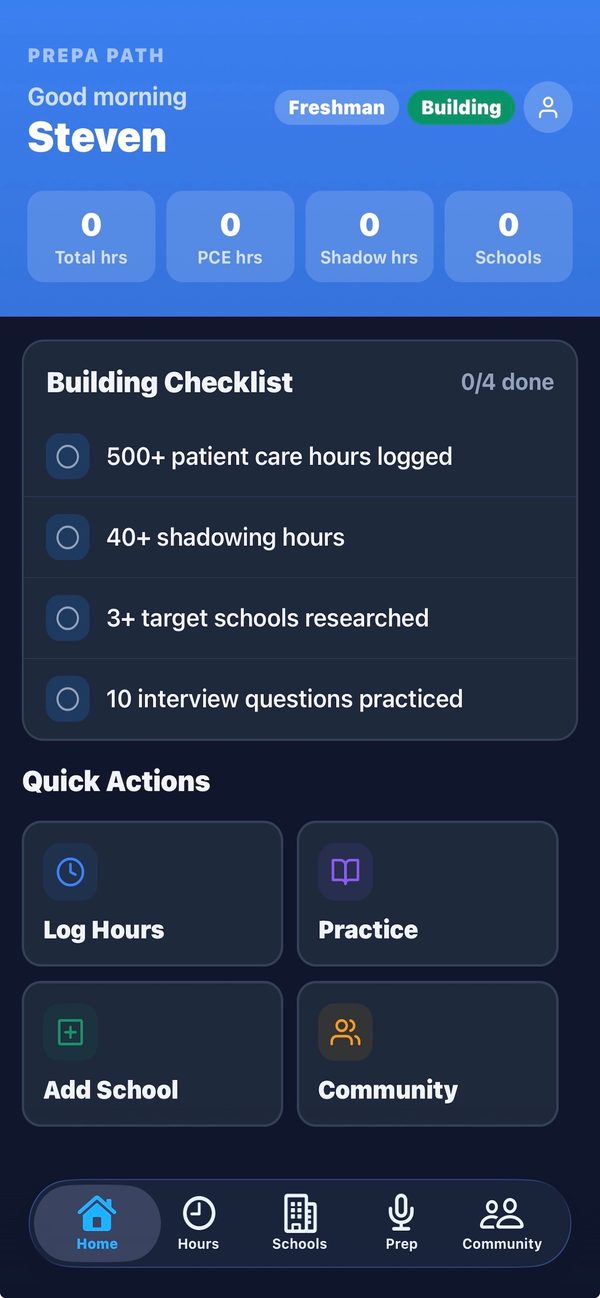 Home screen building checklist showing progress toward hours, schools researched, and interview prompts practiced