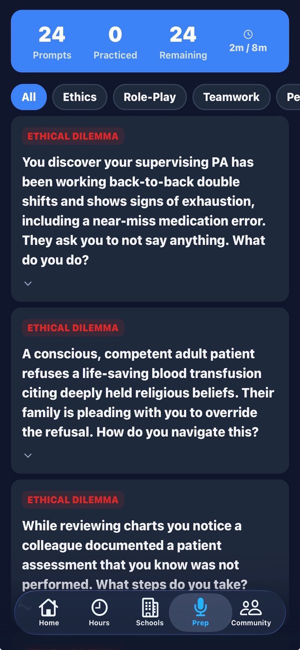 MMI interview prep screen showing a timed ethical dilemma prompt