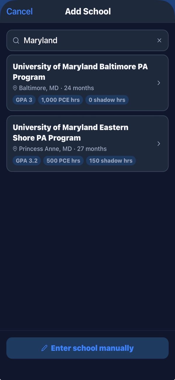 Add School search results for Maryland PA programs showing GPA and hour requirements
