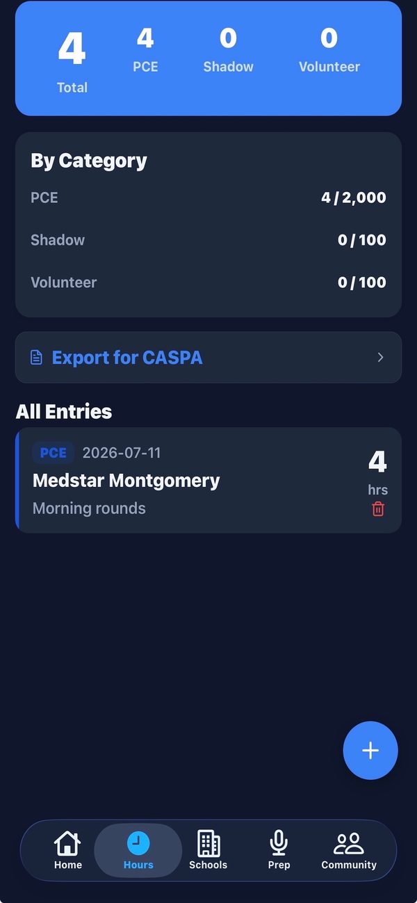 Hours screen showing PCE, shadow, and volunteer totals with a one-tap Export for CASPA button